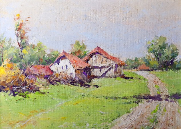 Oil painting representing country landscape with houses
